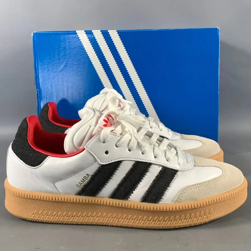 ADIDAS Size 11 White Black Stripe Leather Low Top Sneakers